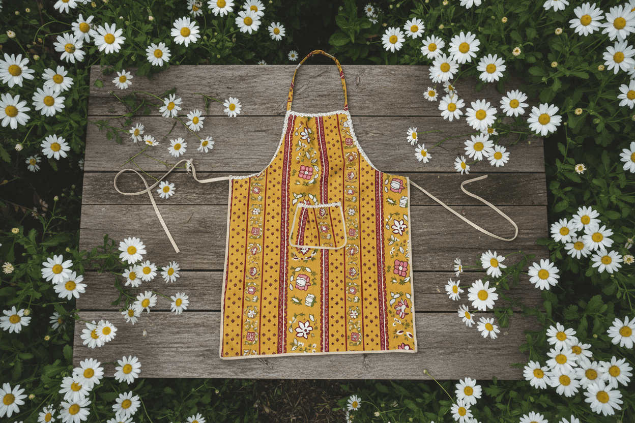 Tablier fin jaune fleuri – Élégance et confort au quotidien
