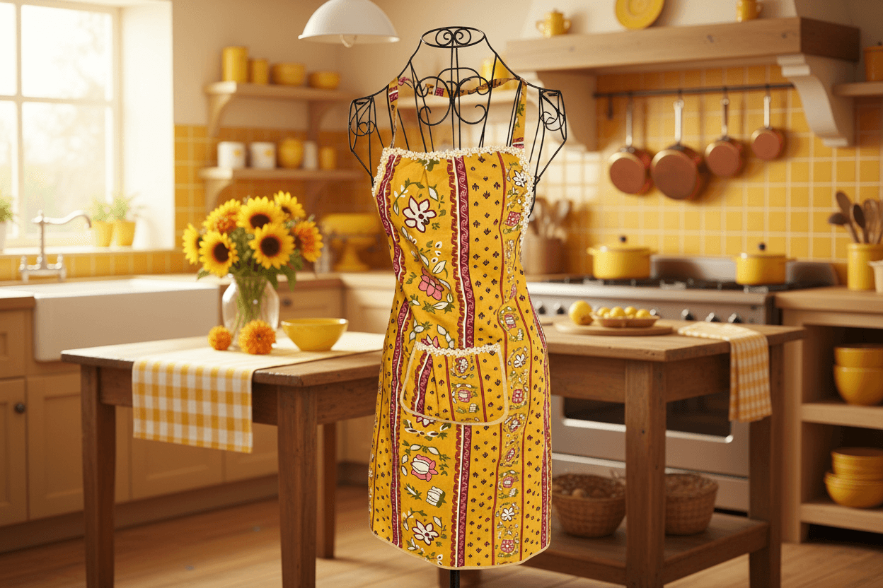 Tablier fin jaune fleuri – Élégance et confort au quotidien